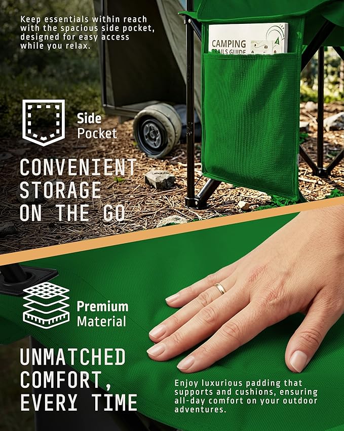 Folding Camping Chair 2 Pack Pocket Cup Holder Green