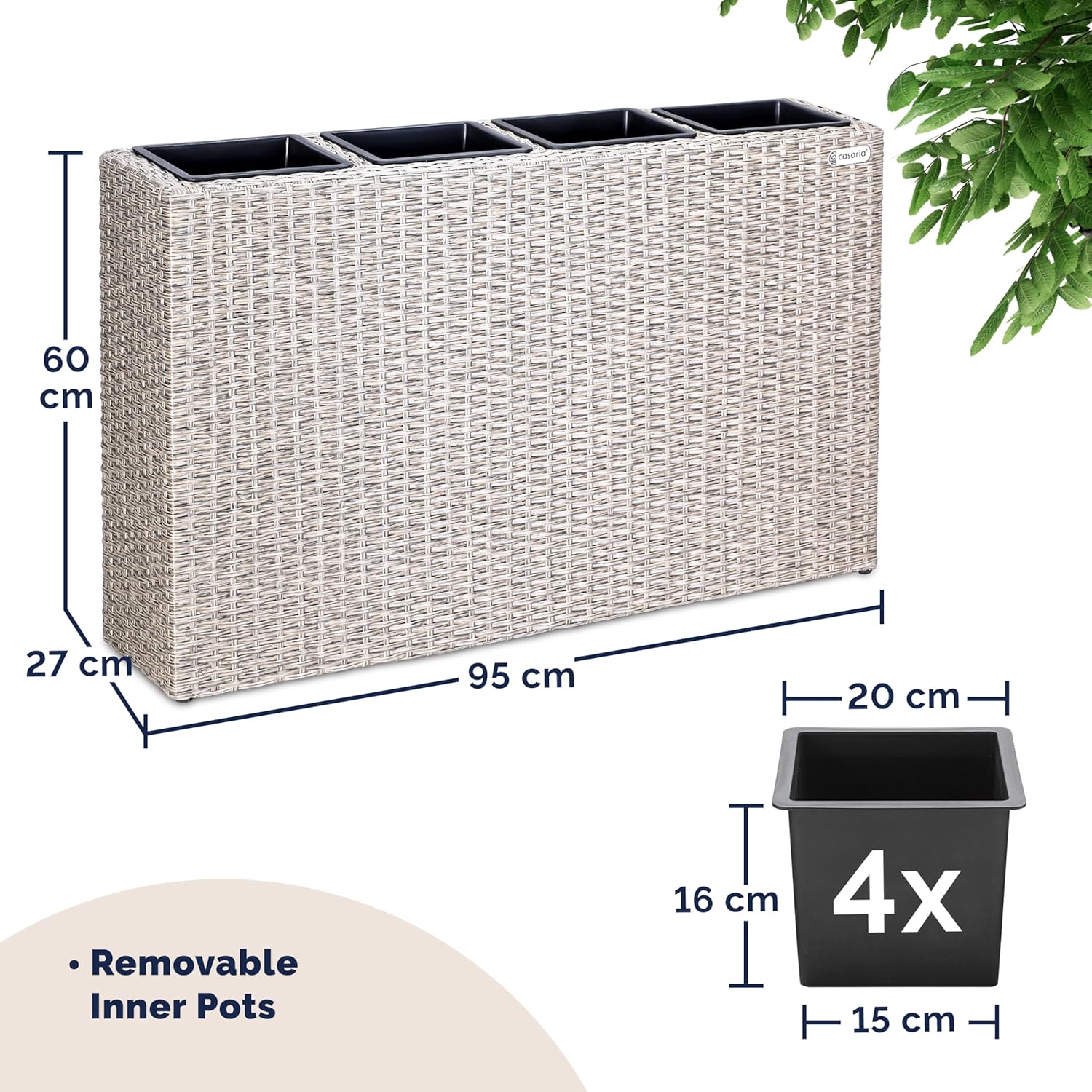Large Tall Rattan Planter Box 95cm Cream with 4 Inner Pots