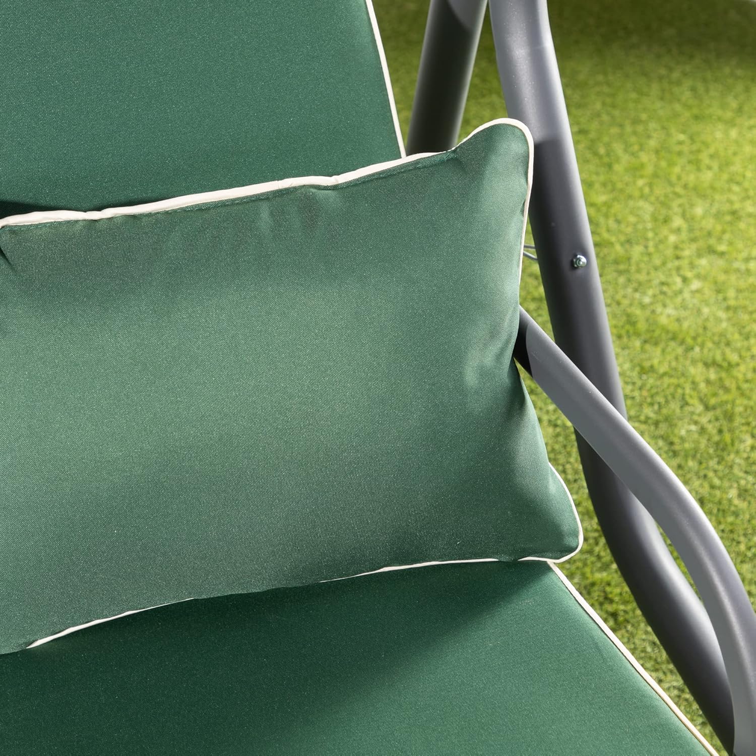 3 Seater Garden Swing Seat Green Canopy Cushions Heavy Duty 250kg