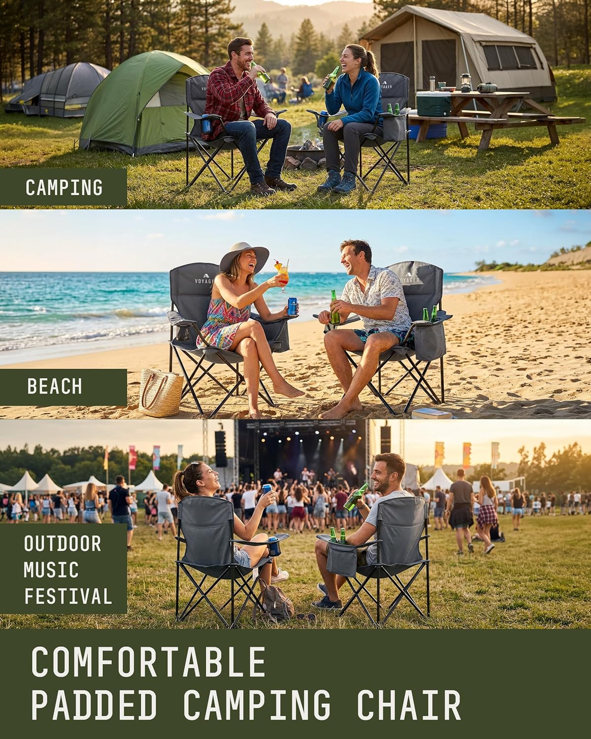Folding Camping Chairs 2 Pack Cooler Bag Grey Portable