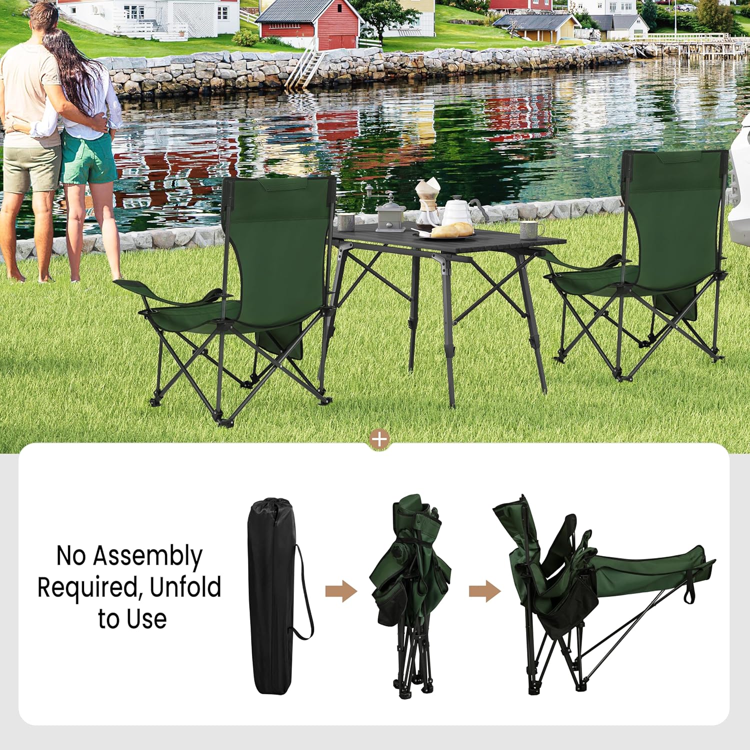 Reclining Camping Chair with Footrest Folding Outdoor Seat Green