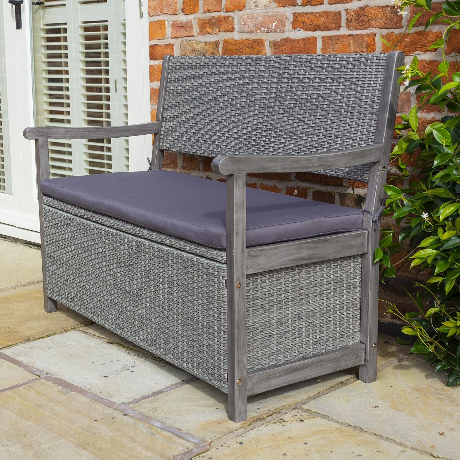 Rattan Garden Storage Bench 2 Seater Grey Patio Seat Box