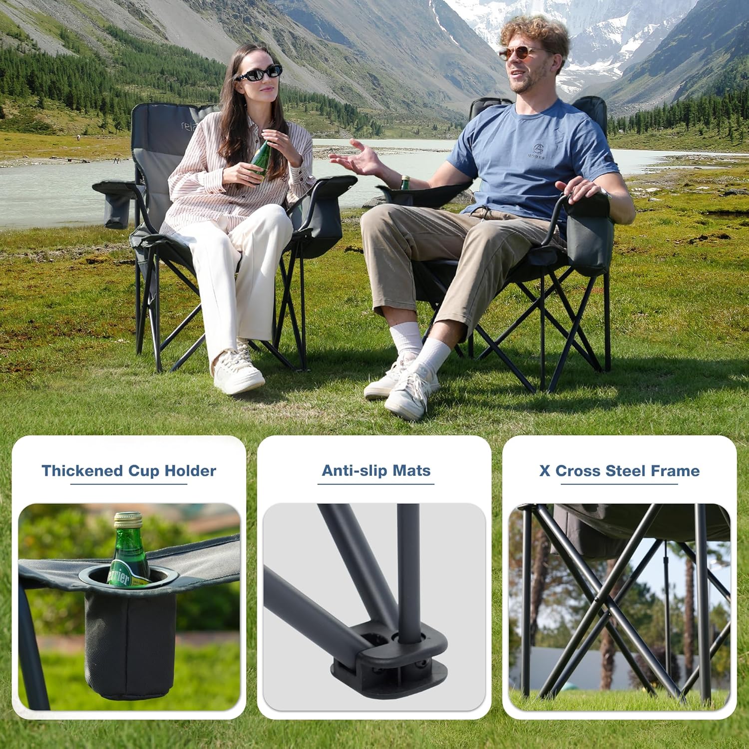 Set of 2 Oversized Camping Chairs Heavy Duty 200KG Grey