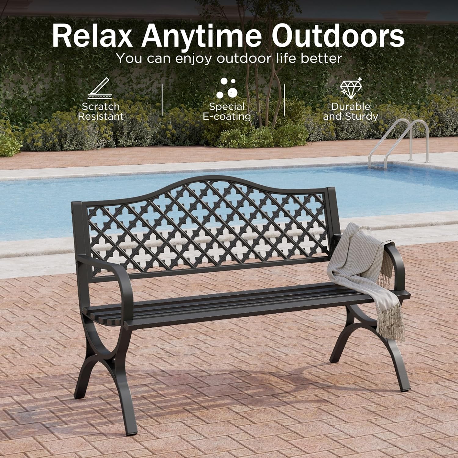 Black Metal Garden Bench 127cm Outdoor Patio Park Bench 2-3 Seater