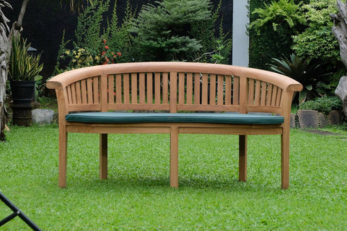 Extra Thick Teak Wood Banana Garden Bench w/ Green Cushion Patio Seat 168cm