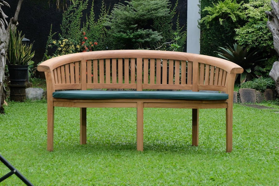 Extra Thick Teak Wood Banana Garden Bench w/ Green Cushion Patio Seat 168cm
