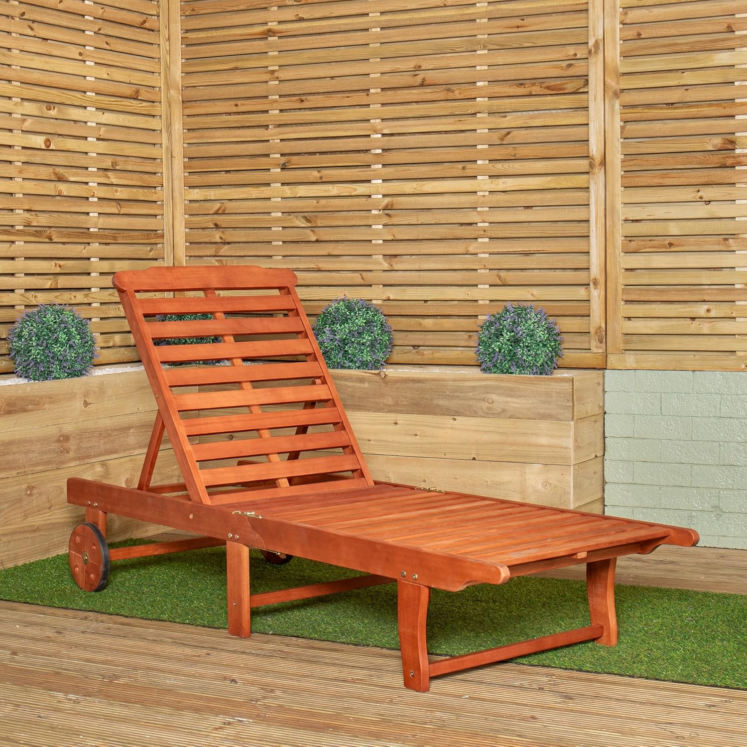 Wooden Sun Lounger with Wheels Foldable Adjustable 1.9m