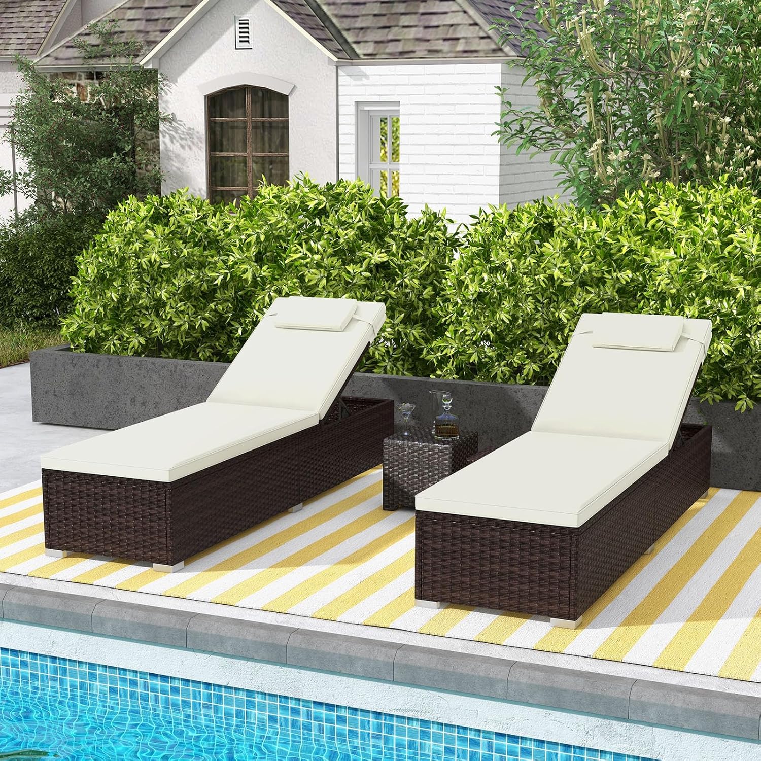 Rattan Sun Lounger 6 Level Recliner with Table Cream