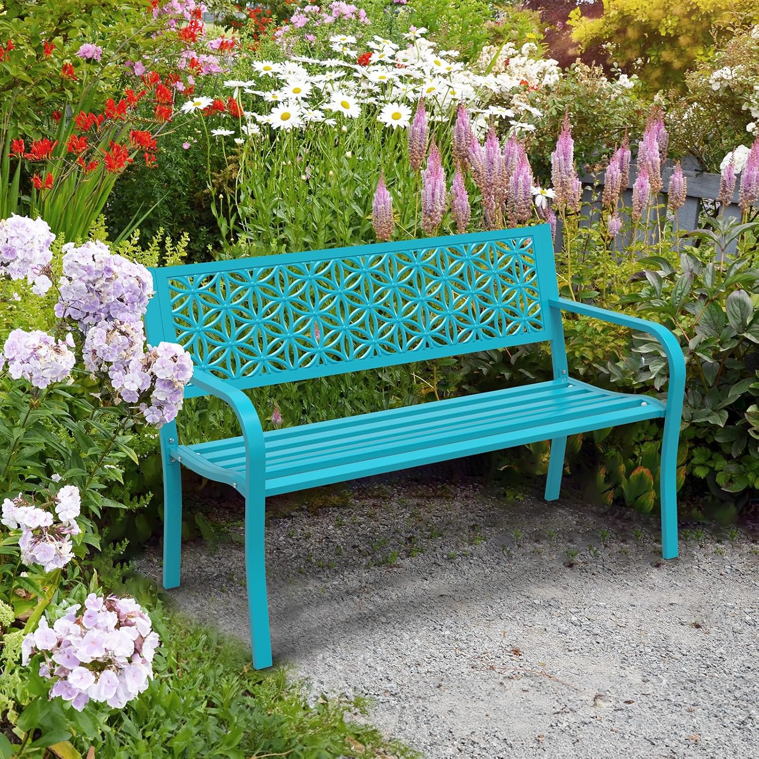 Metal Garden Bench 2-3 Seater Floral Back Outdoor Patio Seat