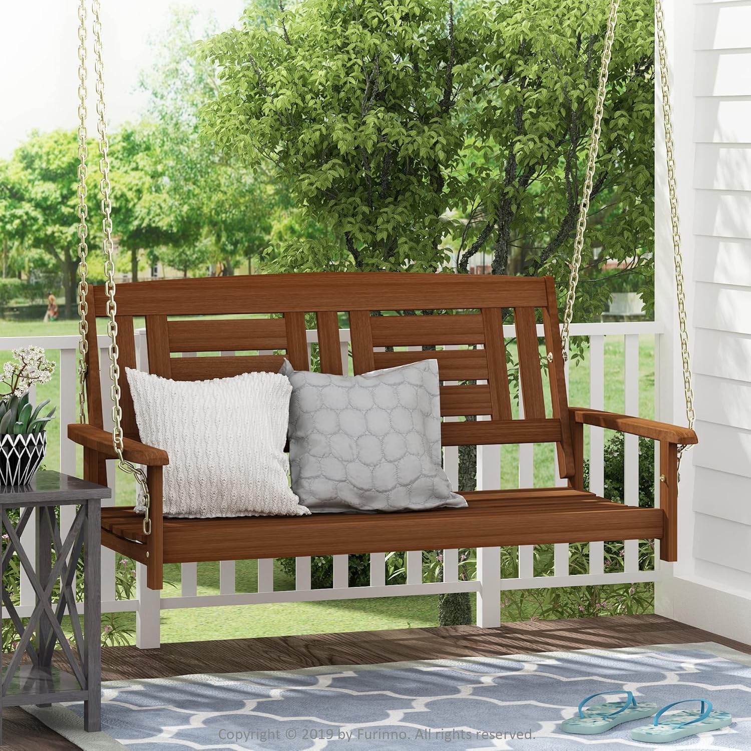 Wooden Porch Swing Bench with Chains Natural Patio Chair