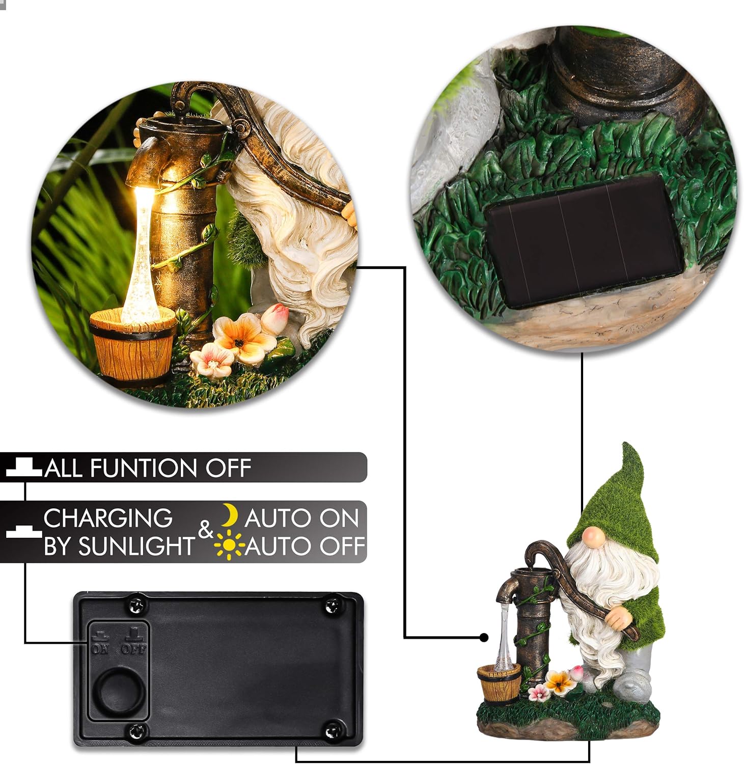 Solar Gnome Water Pump Statue Resin Garden Decor Outdoor 22.5cm