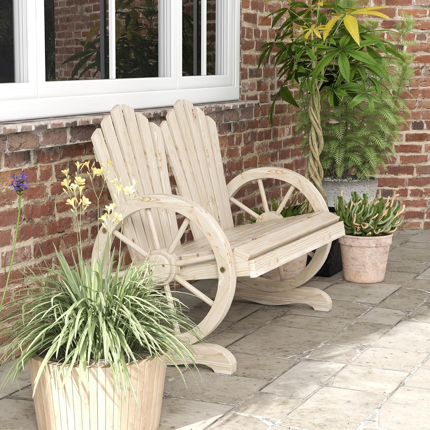 Adirondack 2 Seater Wooden Garden Bench Wagon Wheel Arms