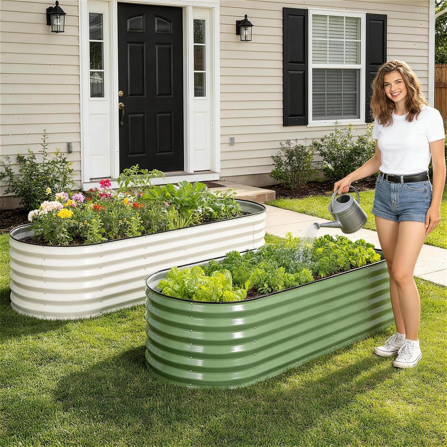 Set of 2 Large Olive Green Metal Planter Beds 180x60cm