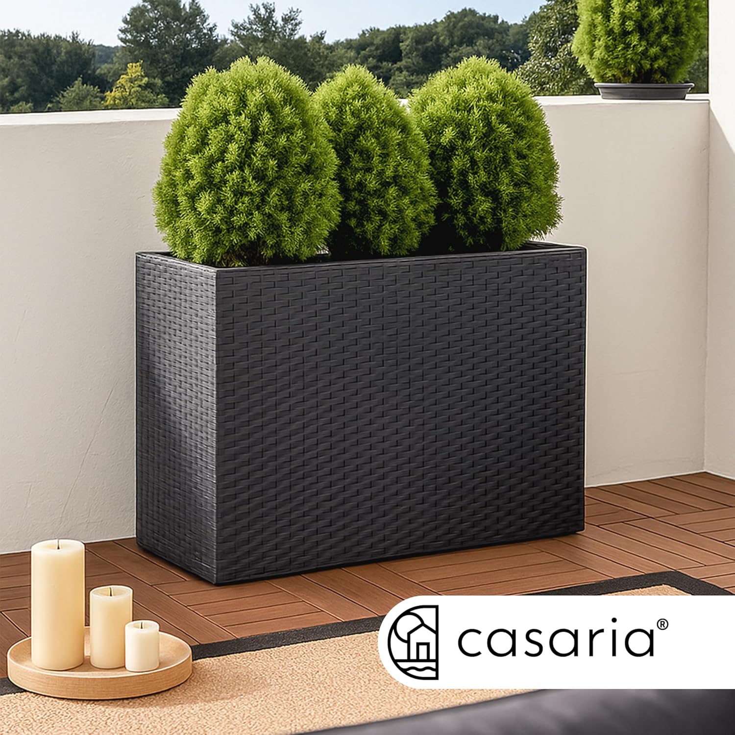 Tall Rattan Planter Box 83cm Black with 3 Pots