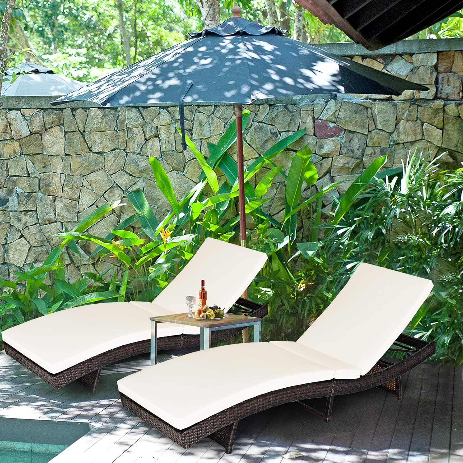 Folding Rattan Sun Lounger 5 Position Cushion White