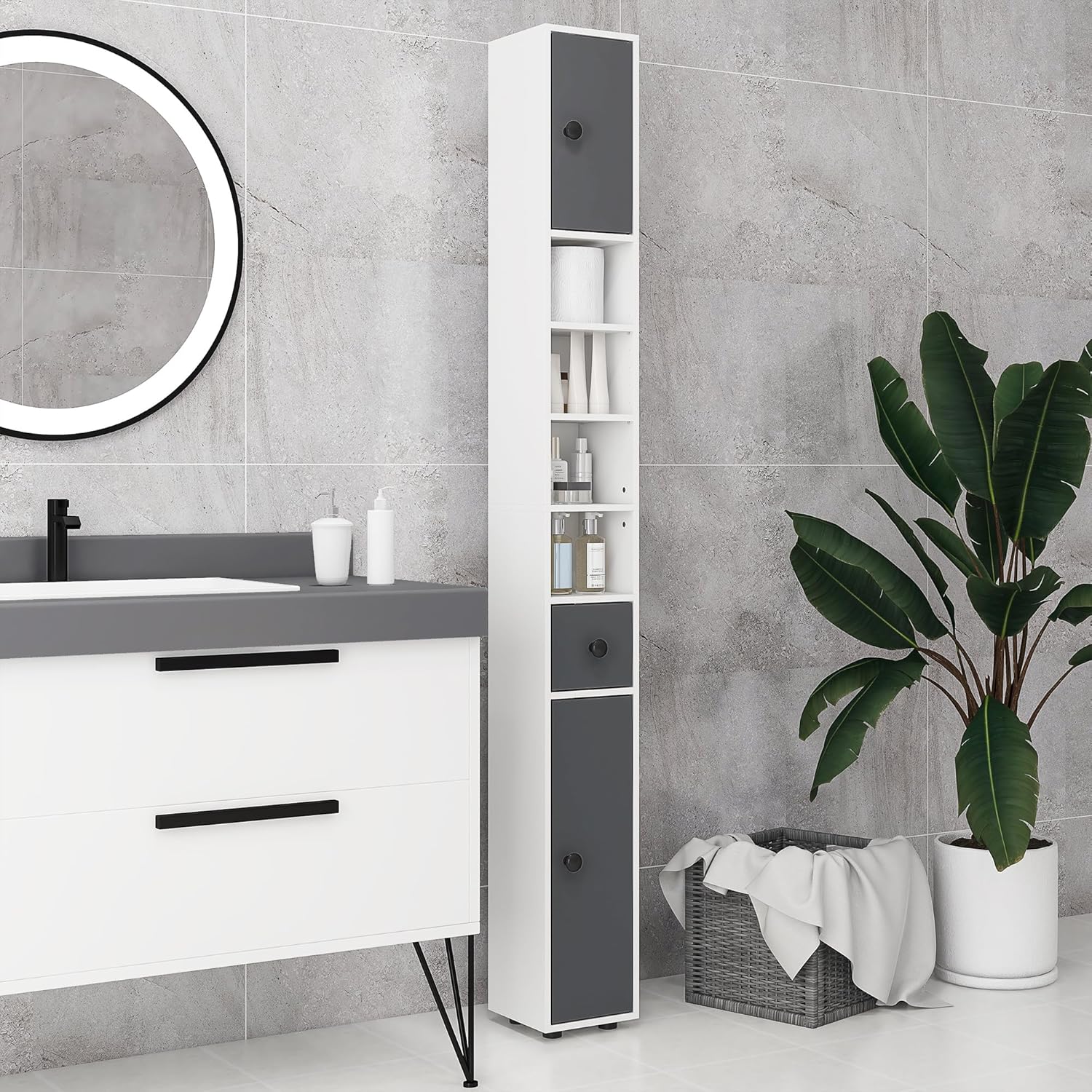 180cm Slim Bathroom Storage Cabinet 4 Shelves 2 Doors White Grey