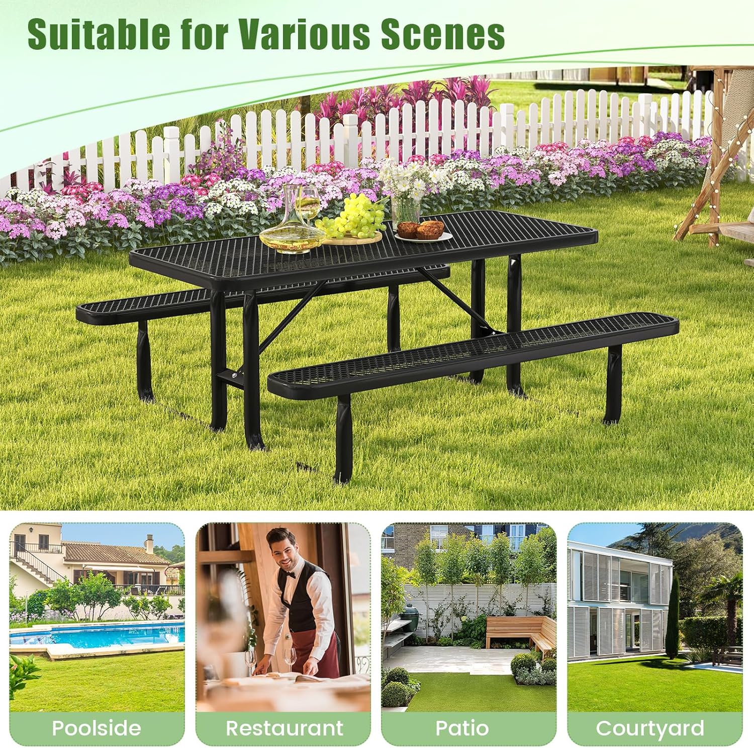 8 Seater Metal Picnic Table Bench Set Outdoor Garden Dining
