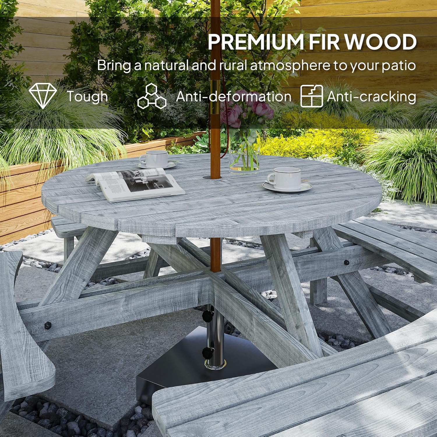 8 Seater Round Wooden Picnic Table Bench Set Patio w/Parasol Hole