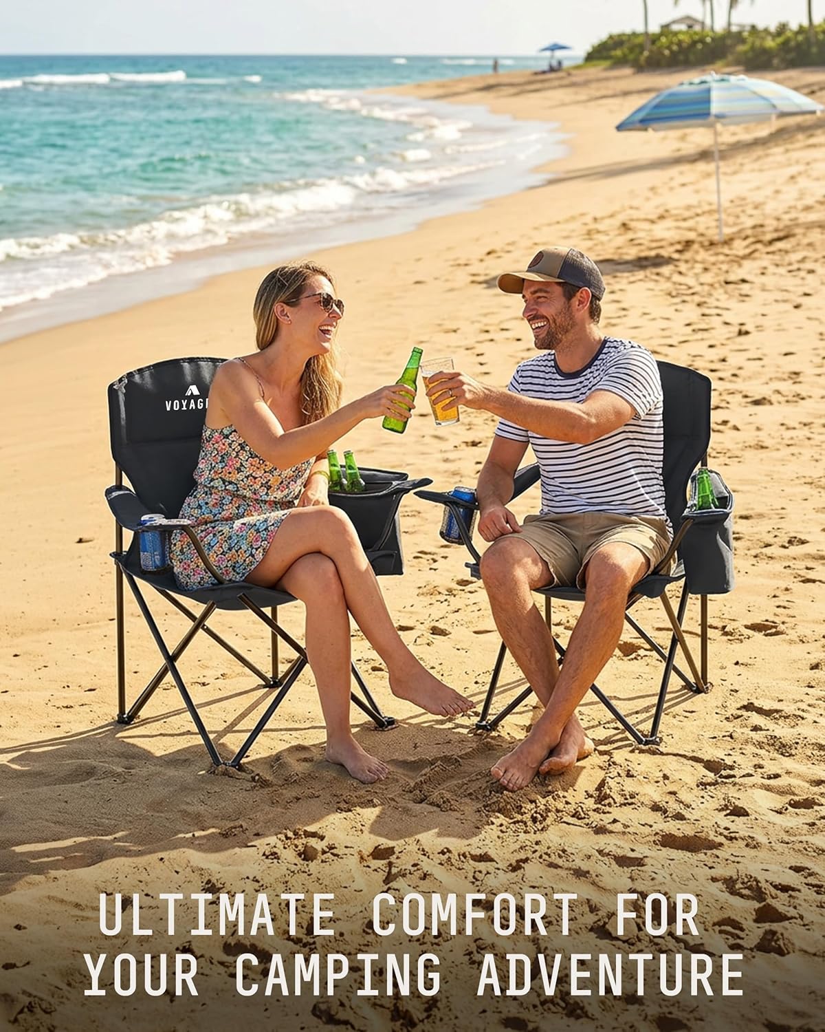 Folding Camping Chairs 2 Pack Cooler Bag Portable Black