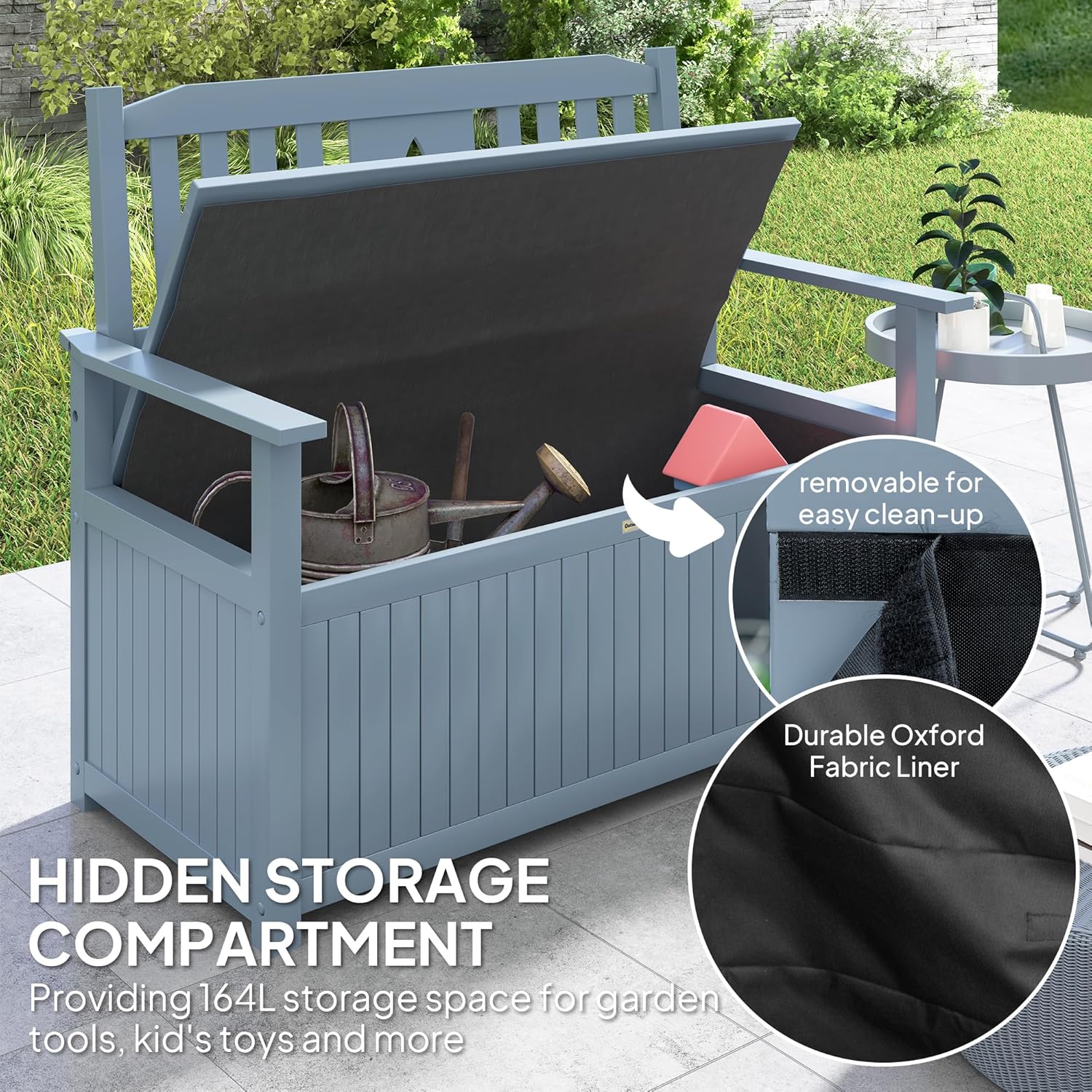 2 Seater Wooden Garden Storage Bench 164L Outdoor Patio Seat w/Backrest