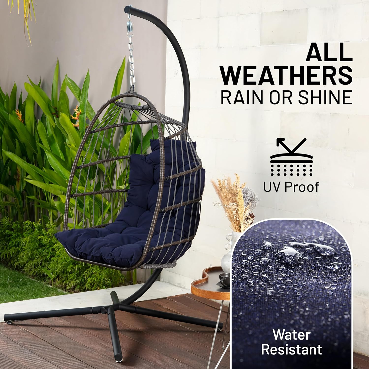 Foldable Egg Chair with Stand Rattan Hanging Swing Deep Blue