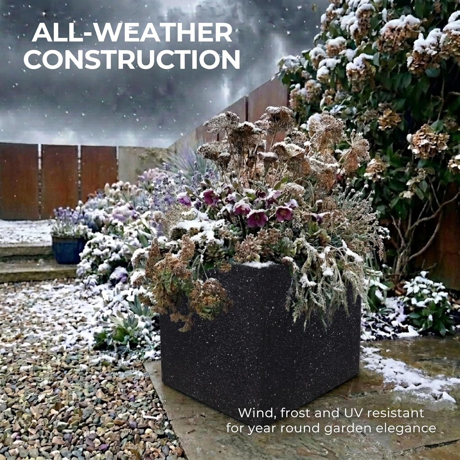 40cm Black Terrazzo Square Planter Stone Effect Garden Pot