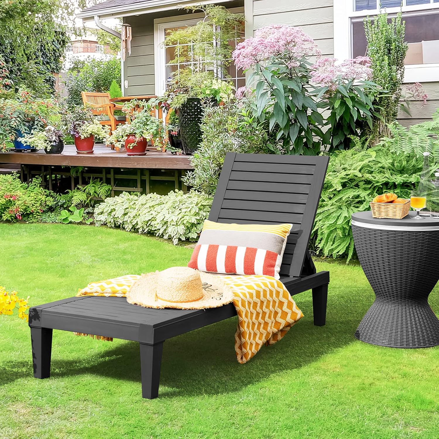 Sun Lounger 5 Position Recliner Chair Black Wood Effect