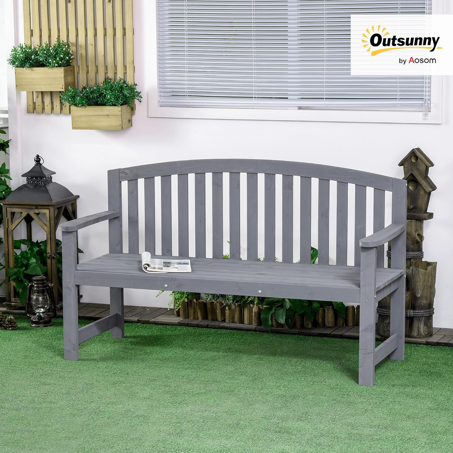 2 Seater Wooden Garden Bench with Armrests Outdoor Patio Seat