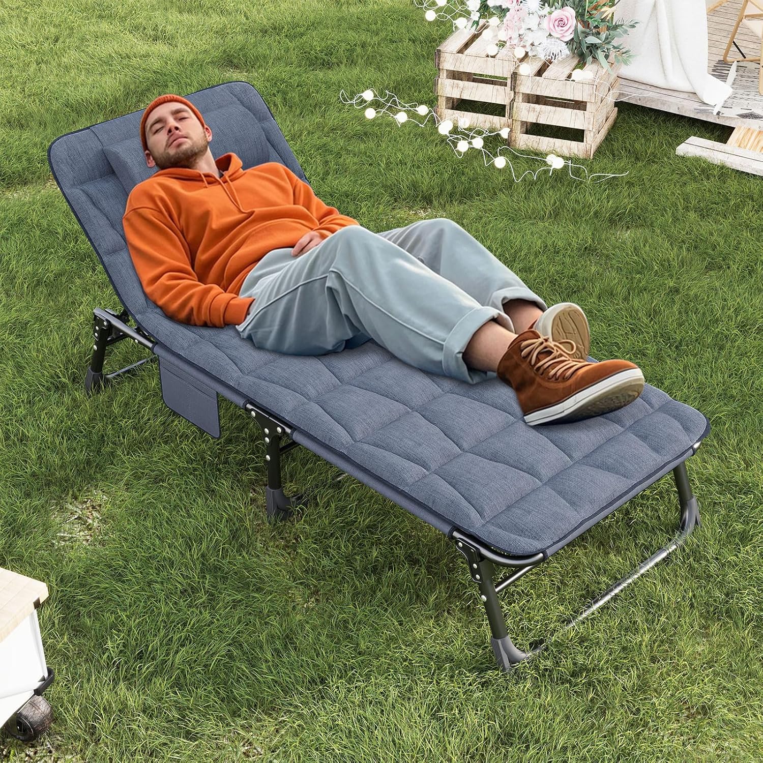 Foldable Sun Lounger Reclining Camping Bed Blue 200kg