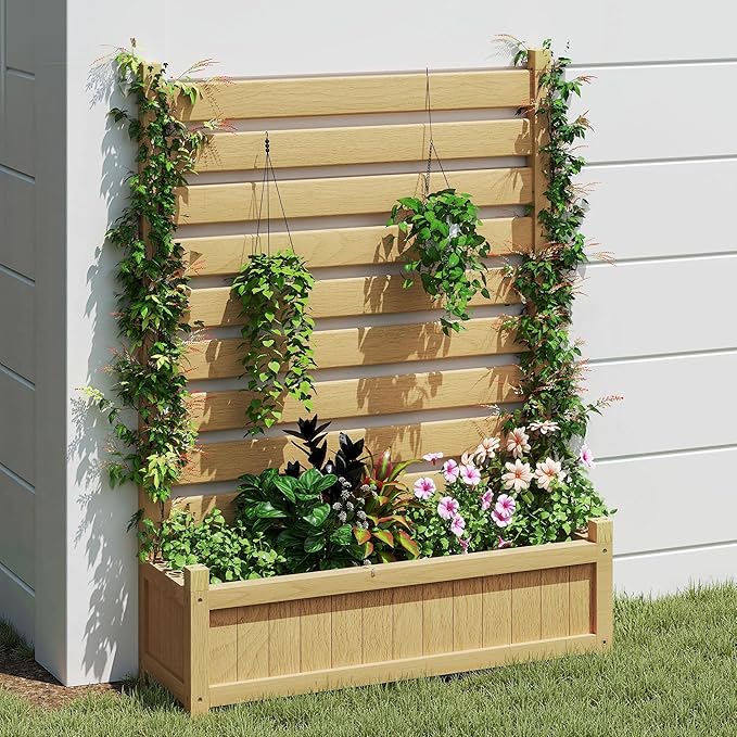 Wooden Planter with Trellis Privacy Screen Natural