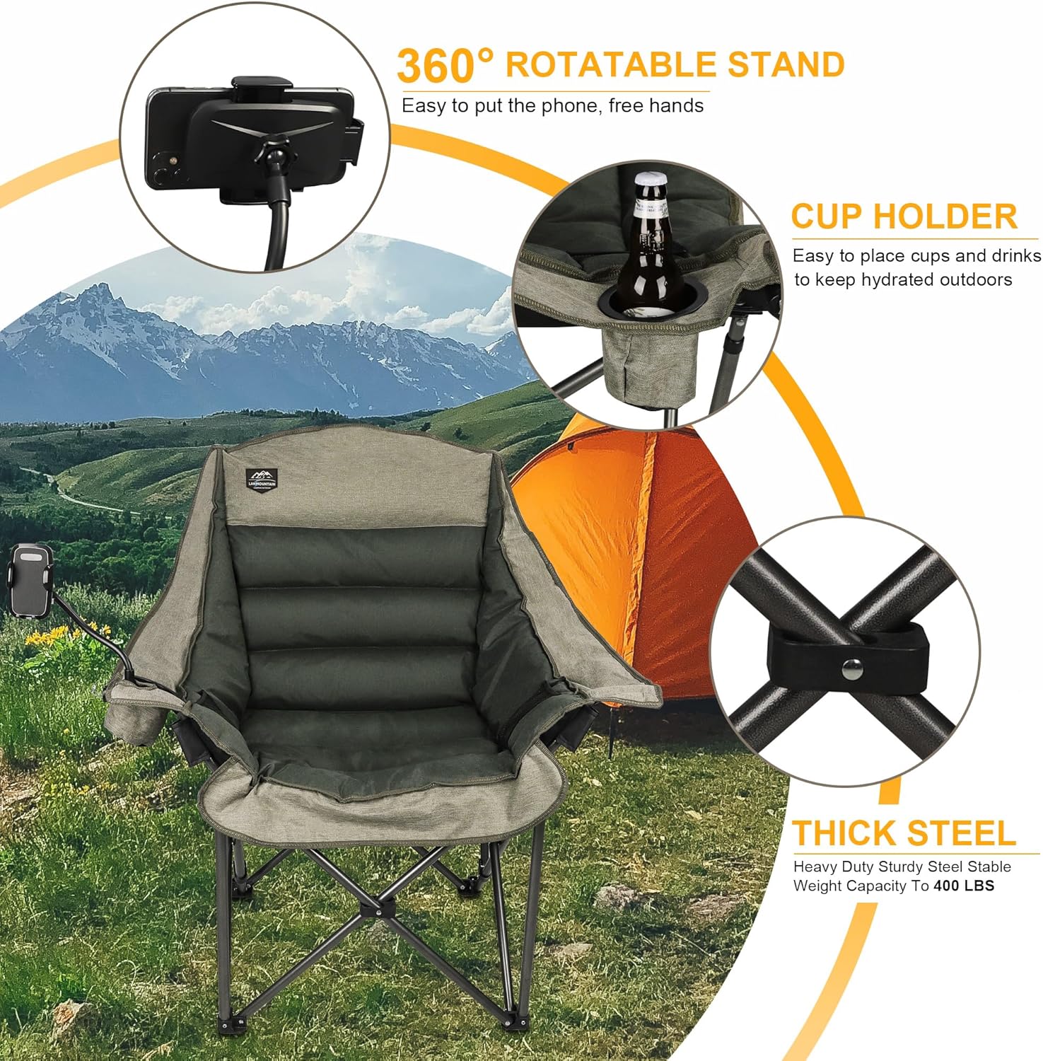 Oversized XL Camping Chair Foldable 400lbs Brown