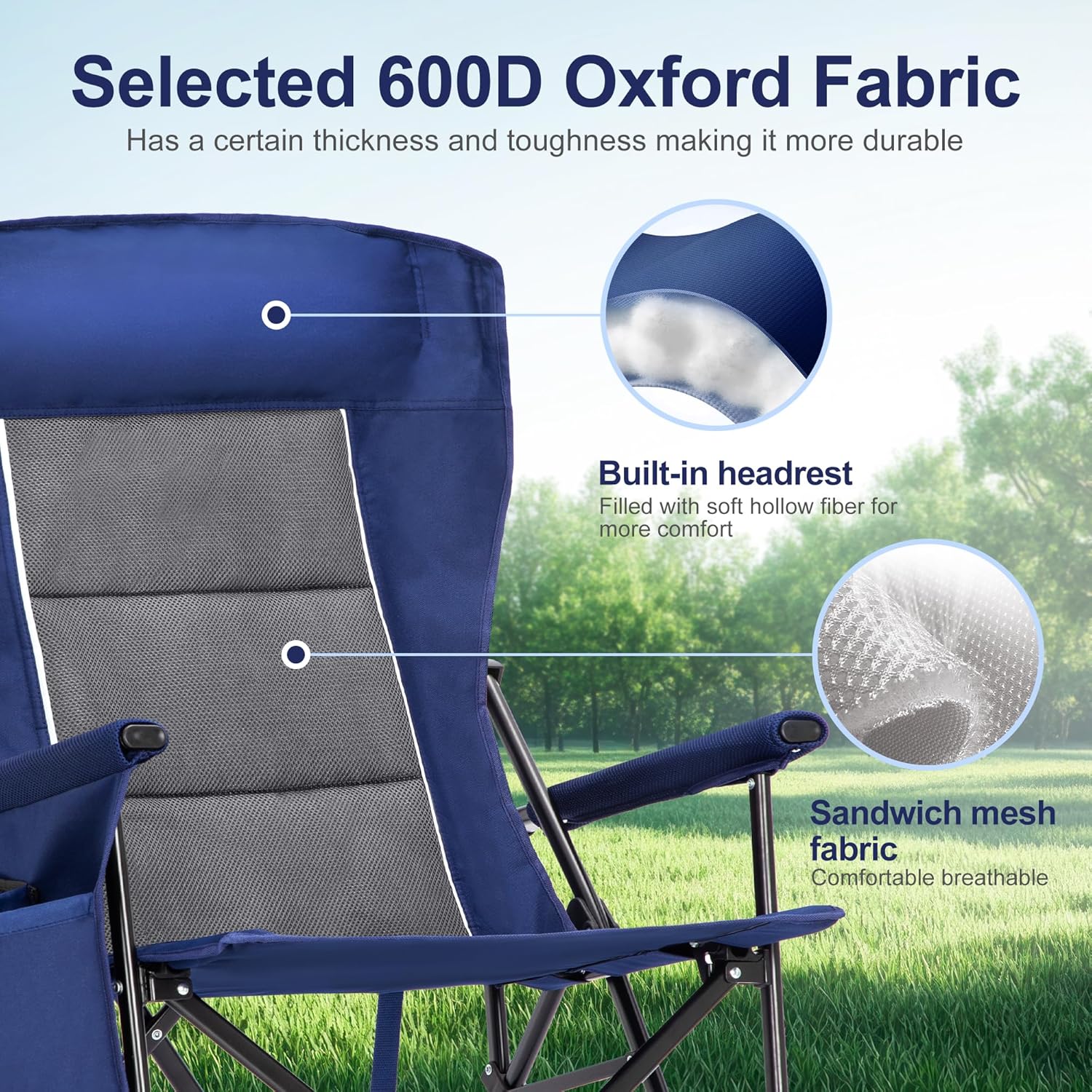 Oversized Heavy Duty Camping Chair 500LB with Headrest Blue