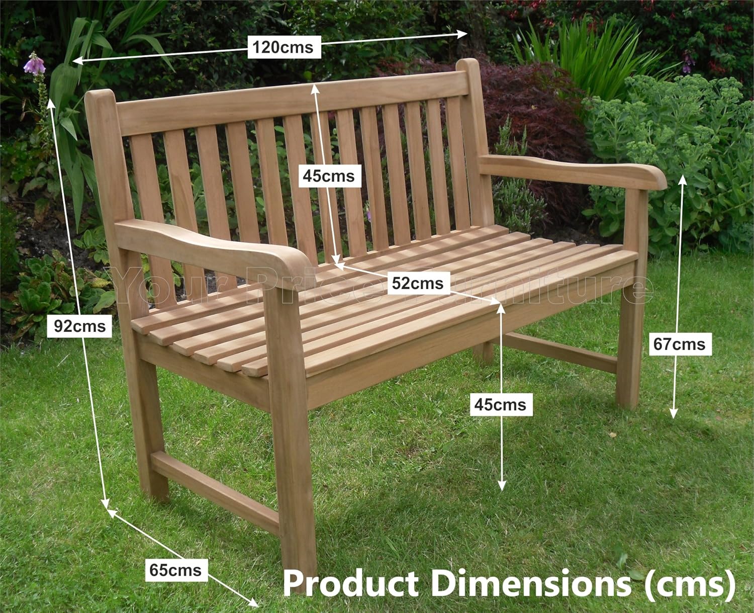 2 Seater Teak Garden Bench 120cm Chunky Wooden Patio Seat