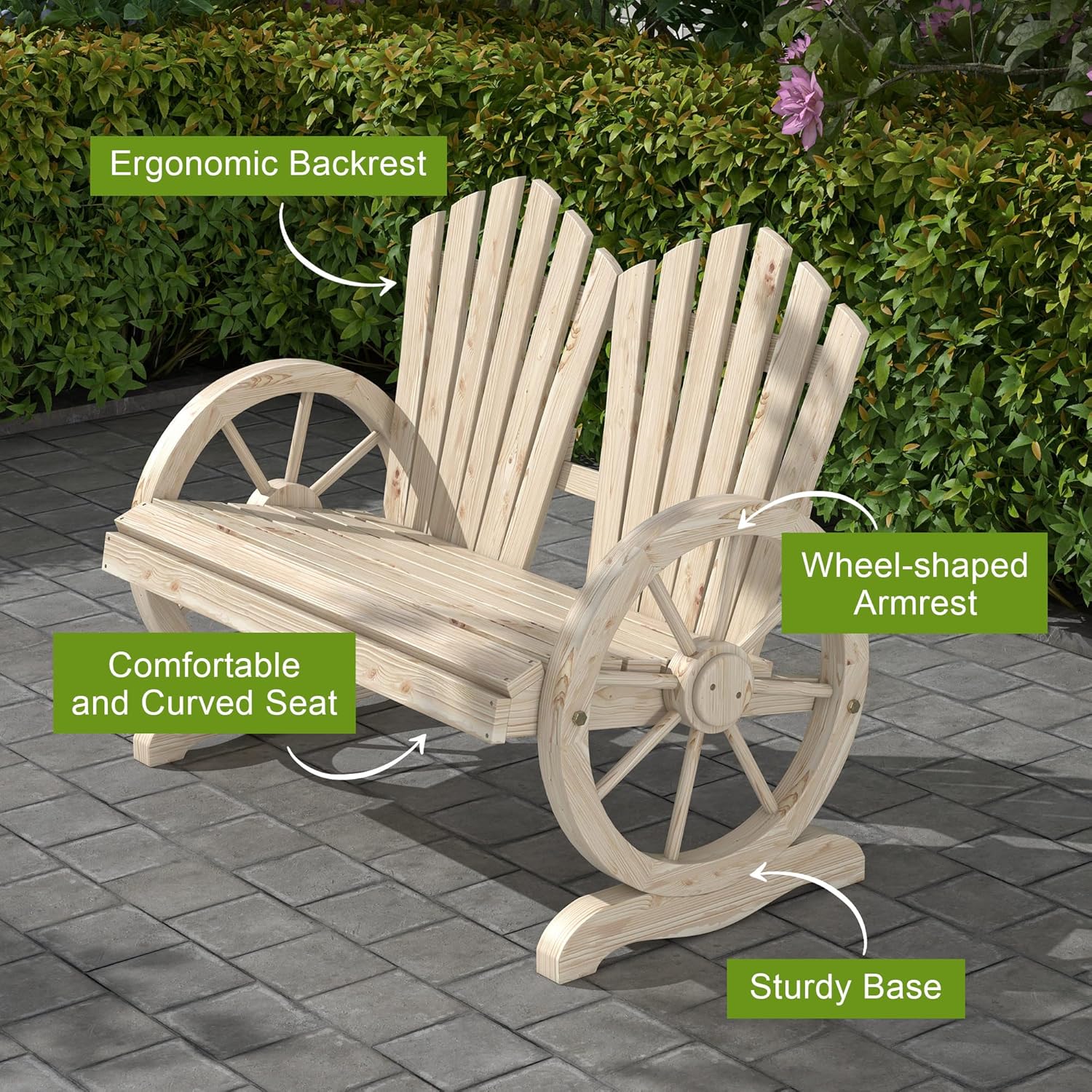 Adirondack 2 Seater Wooden Garden Bench Wagon Wheel Arms