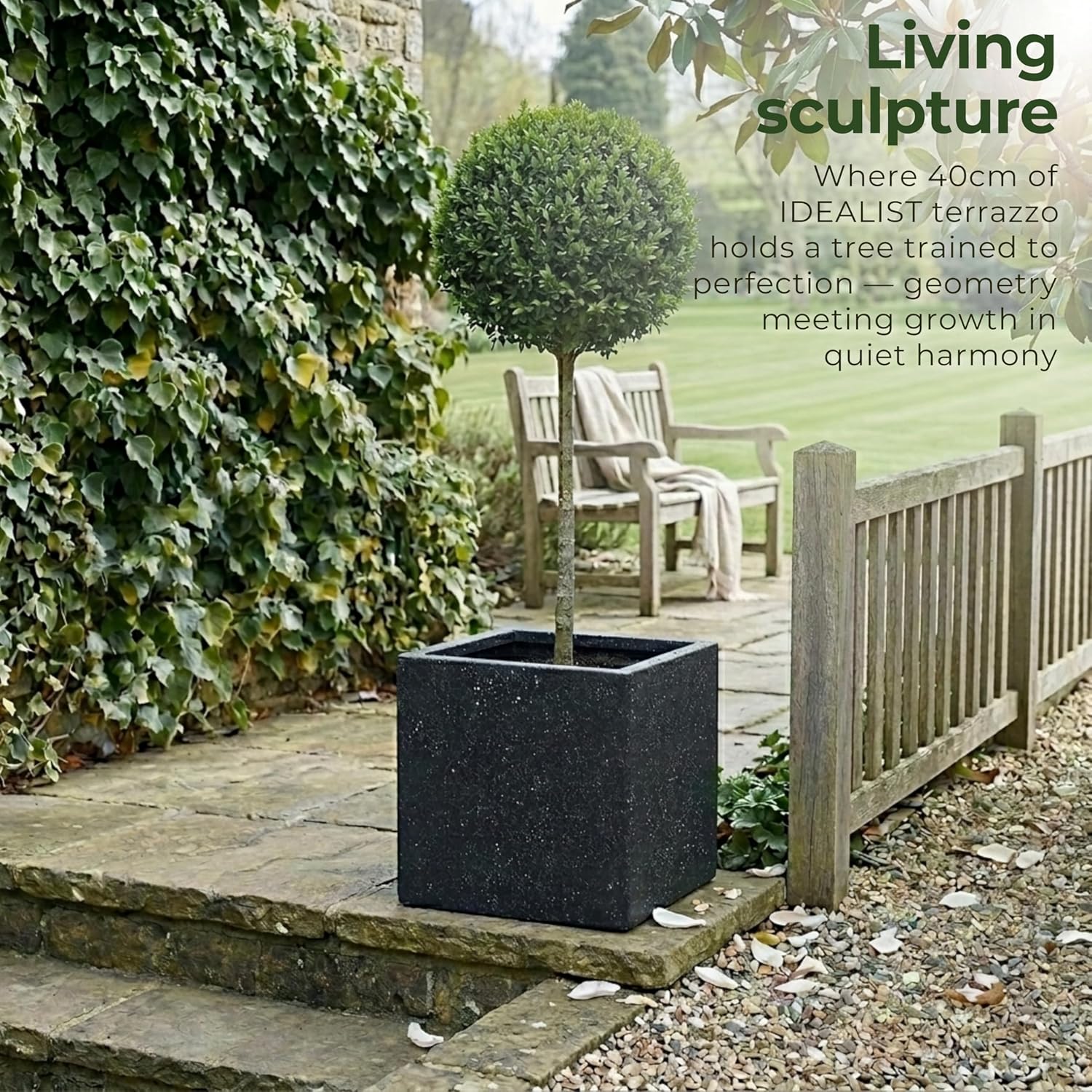 40cm Black Terrazzo Square Planter Stone Effect Garden Pot