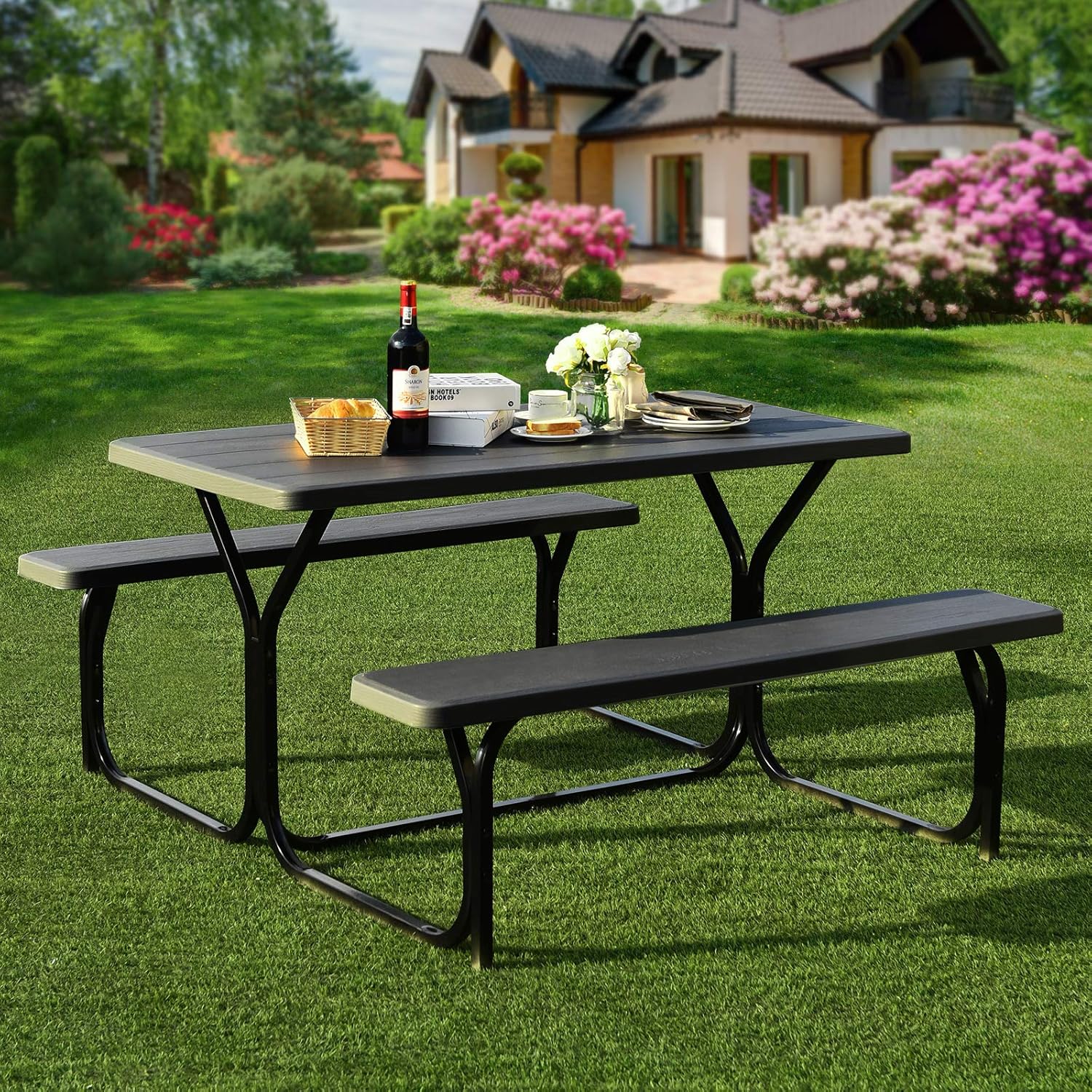 Outdoor Picnic Table Bench Set HDPE Garden Dining Black