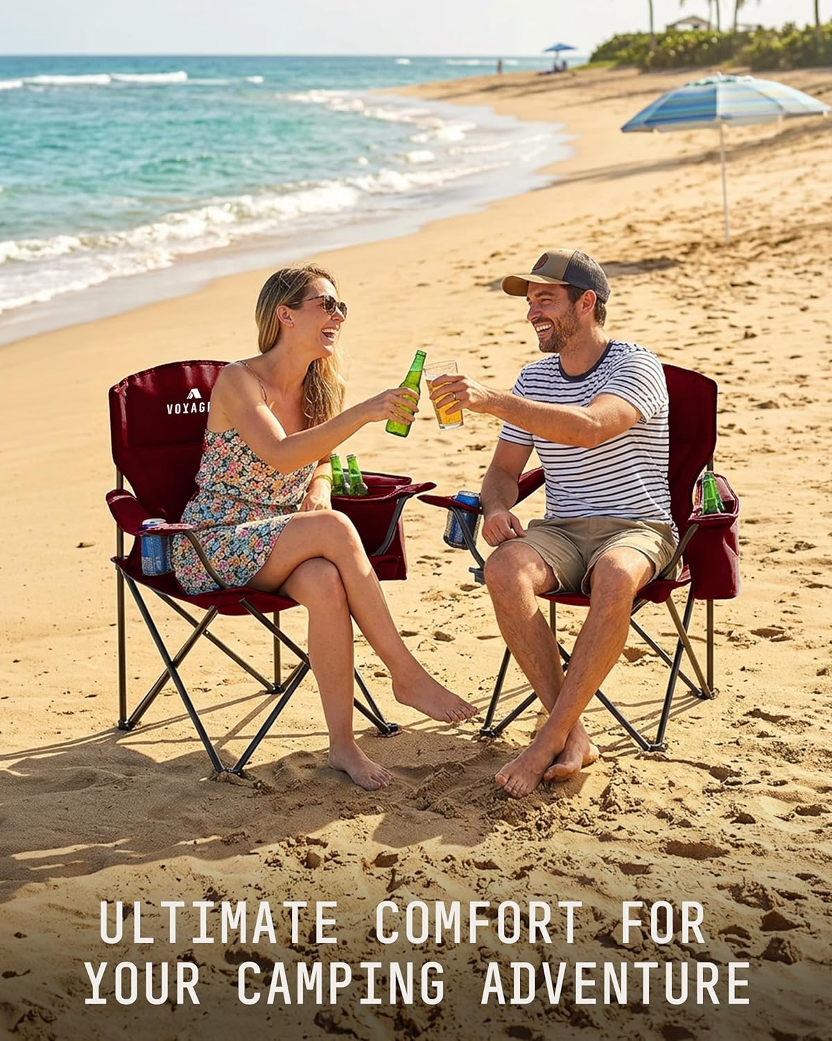 Folding Camping Chairs 2 Pack Cooler Bag Red Set