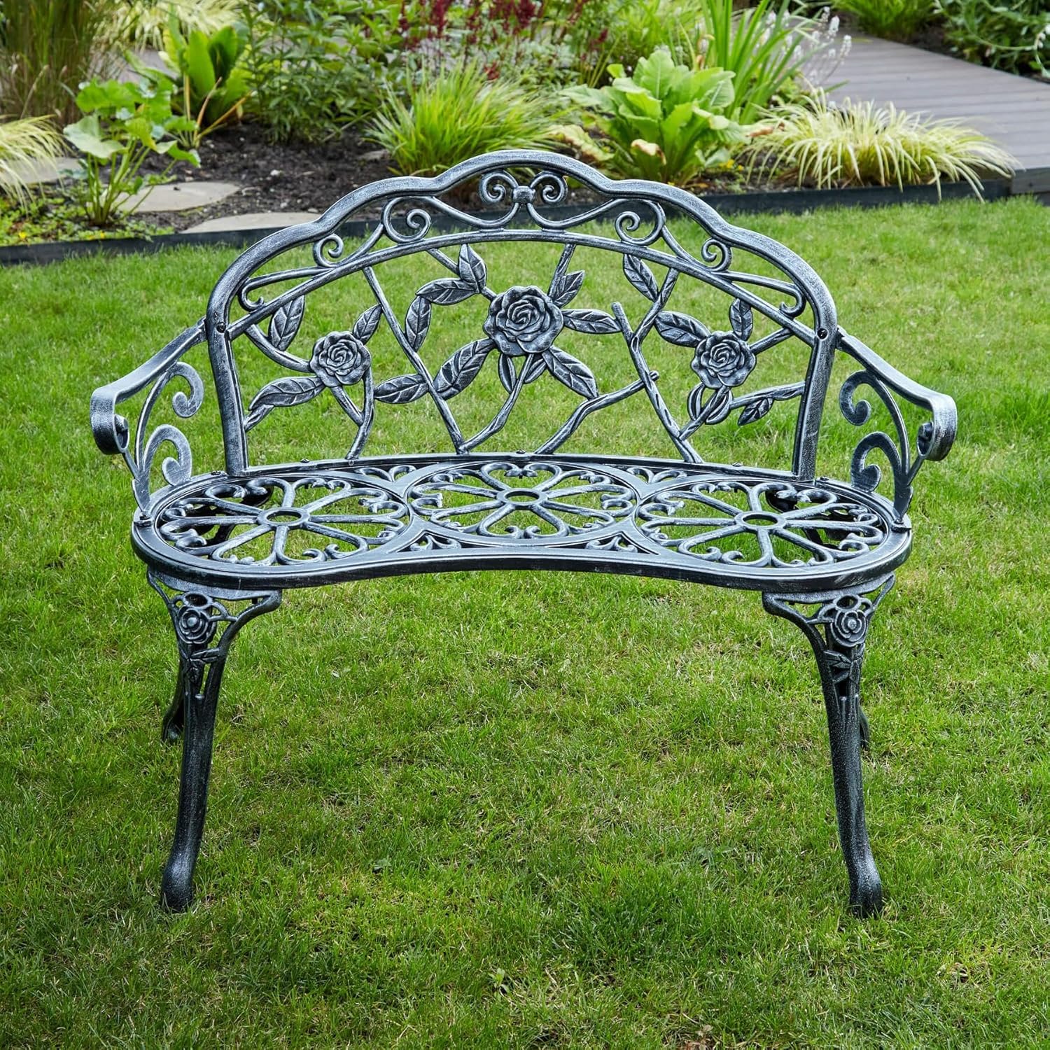 2 Seater Cast Iron Garden Bench Rose Design Patio Seat Grey