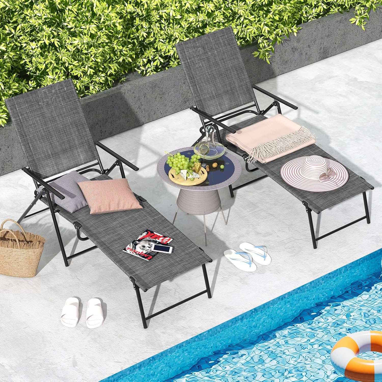 2 Folding Sun Loungers 6 Position Recliner Chairs Grey