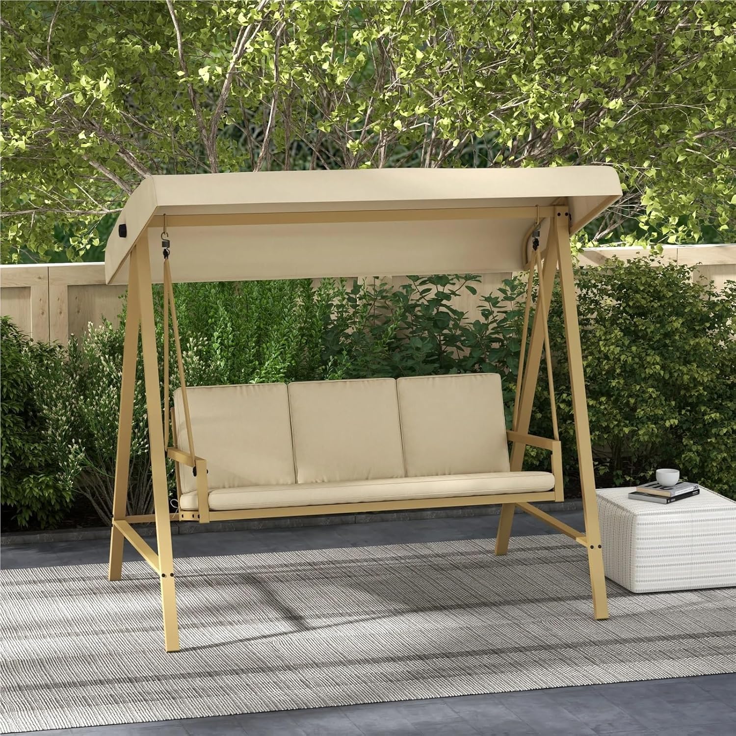 3 Seater Garden Swing Chair Beige Canopy Cushions