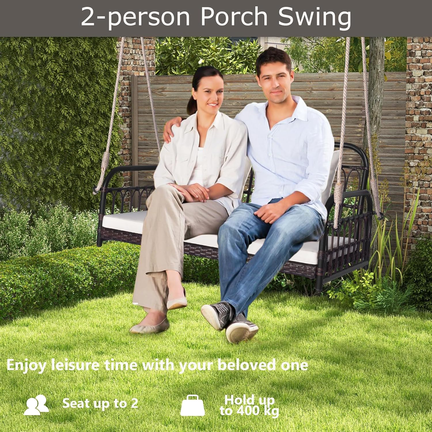 2 Seater Rattan Hanging Swing Bench Cushion Pillows Grey