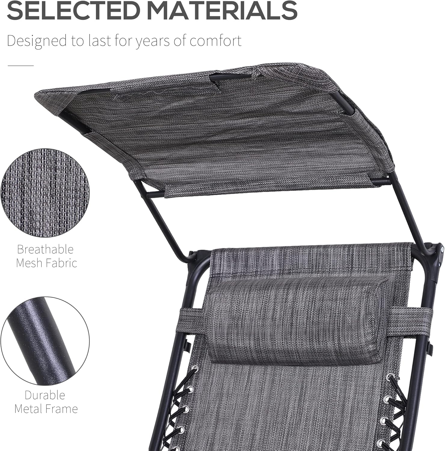 2 Zero Gravity Sun Lounger Chairs Foldable with Canopy Grey