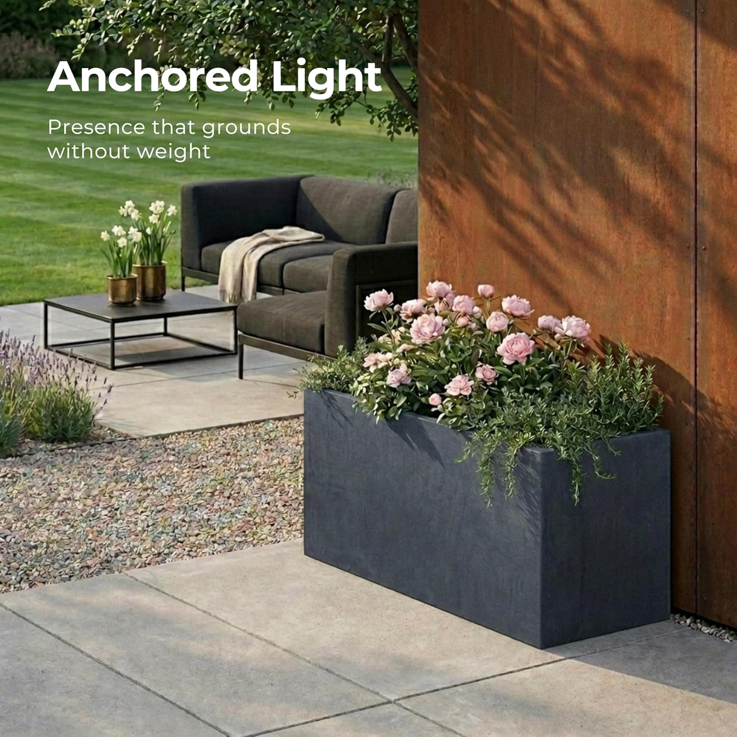 65cm Large Trough Planter Dark Grey Stone Effect Garden Pot