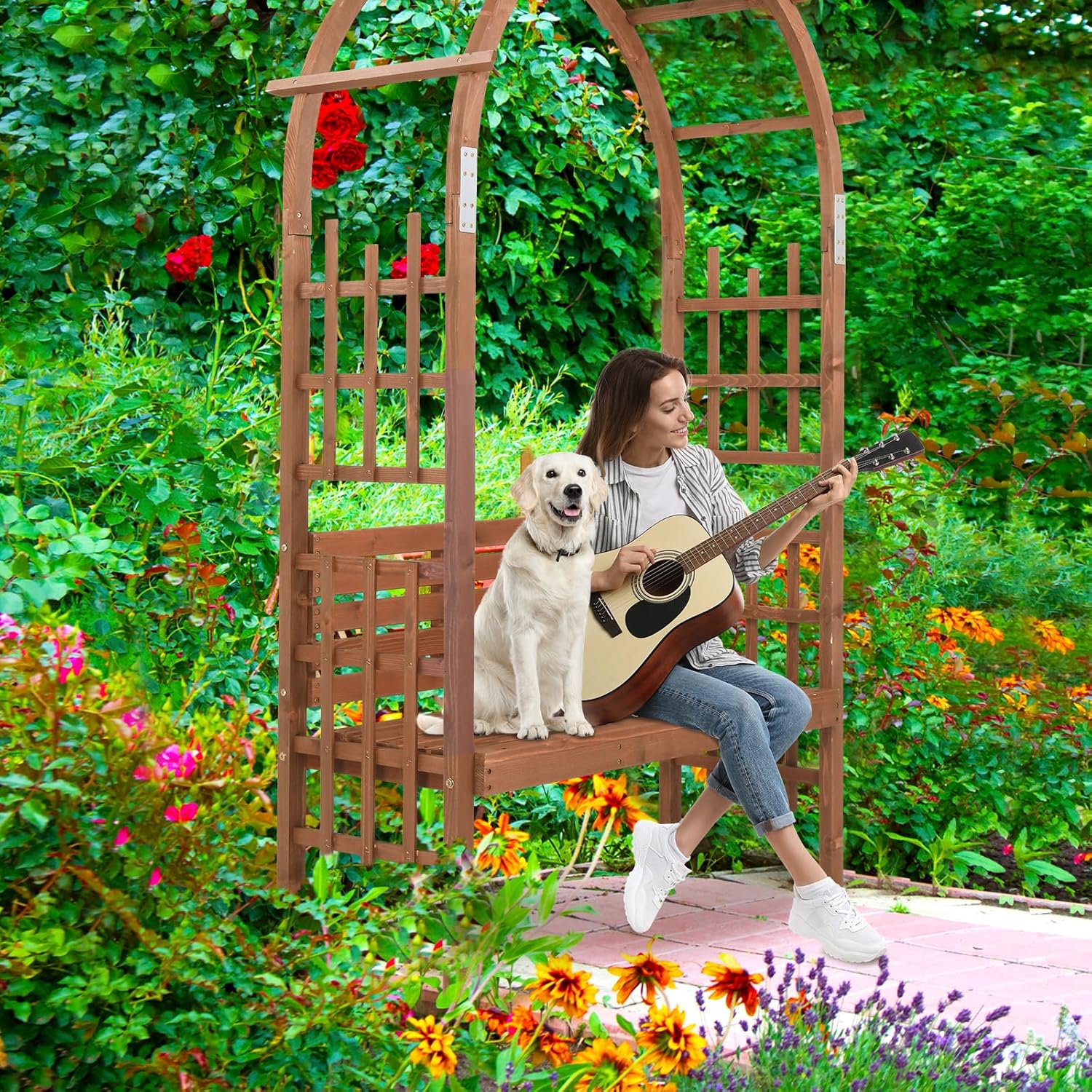 Wooden Garden Arch with Bench 2 Seater Arbour Trellis Pergola Seat