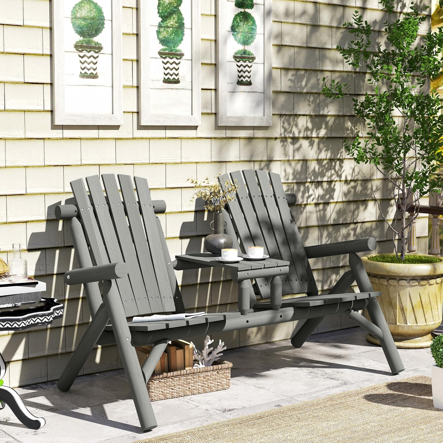 2 Seater Wooden Garden Bench with Centre Table Grey