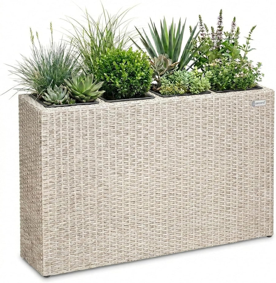 Large Tall Rattan Planter Box 95cm Cream with 4 Inner Pots
