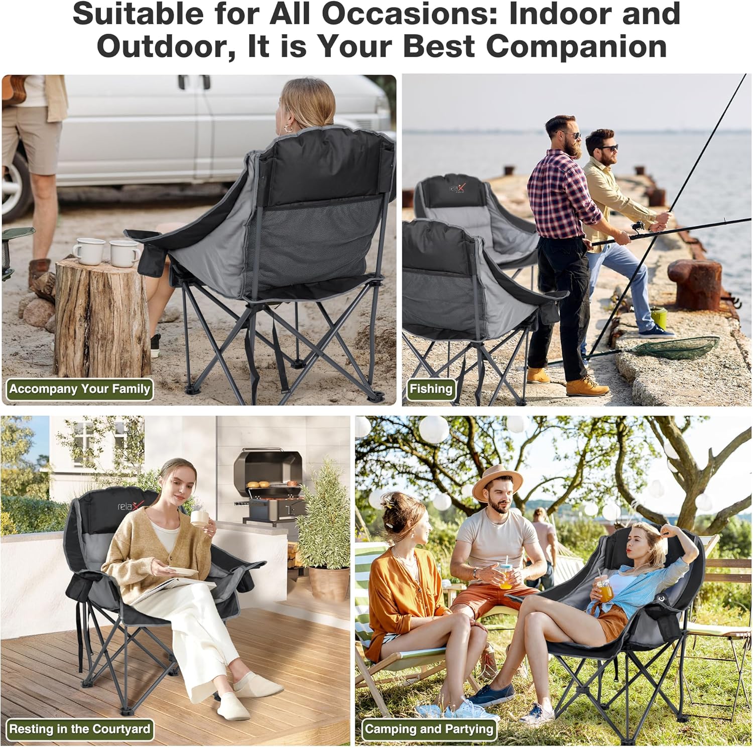 Oversized Padded Camping Chair Heavy Duty 227KG Black