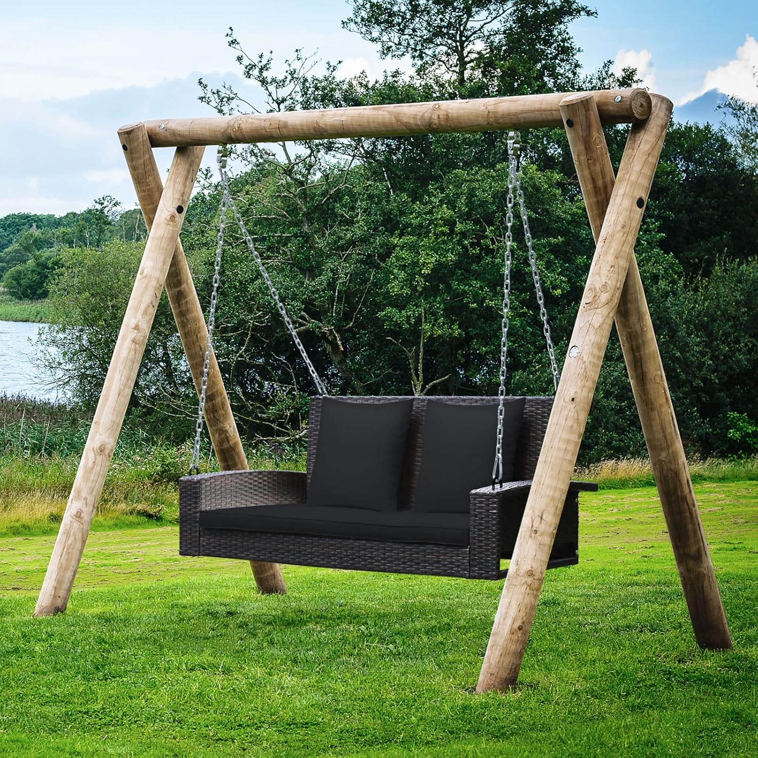 2 Seater Rattan Porch Swing Chair Cushions Pillows Black