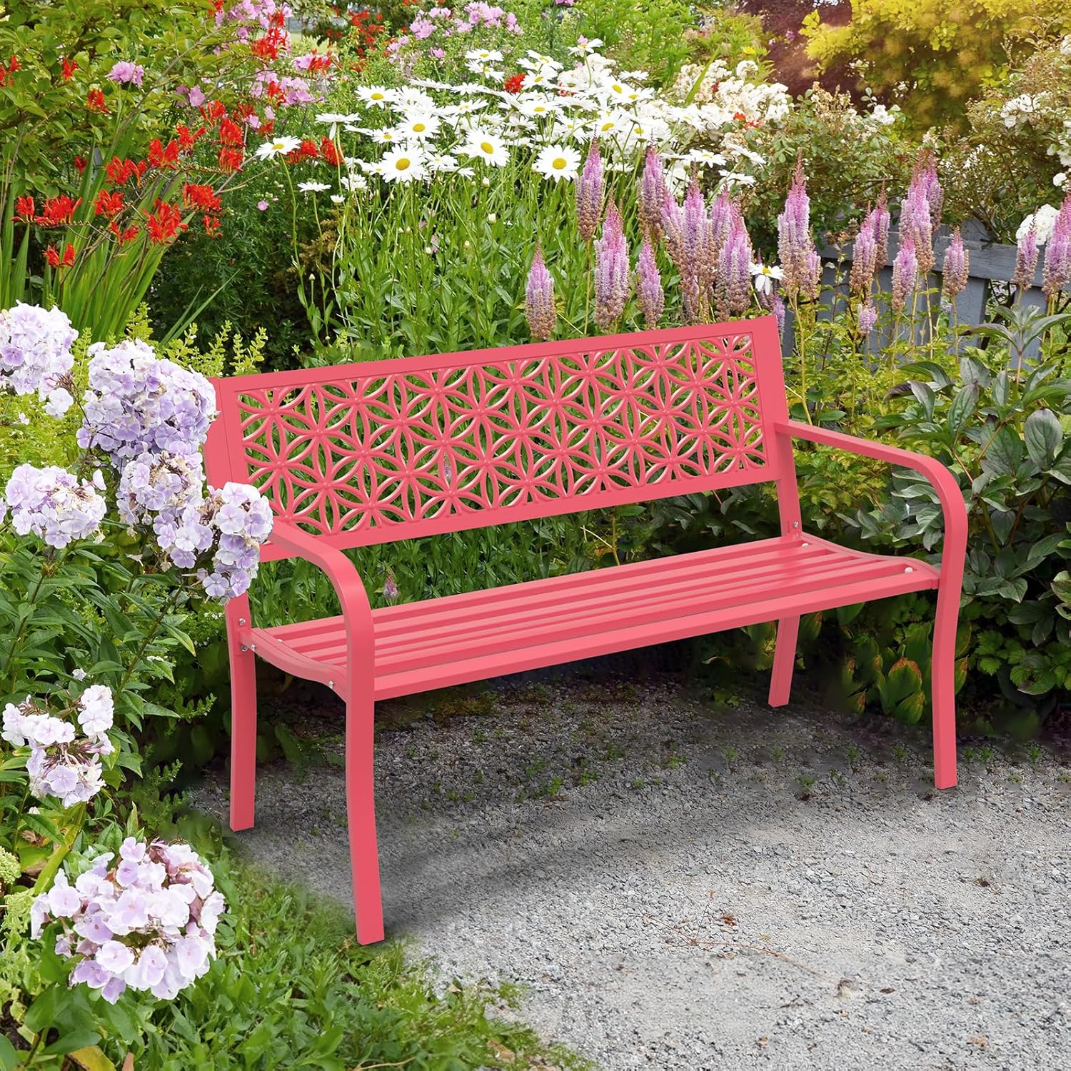 Metal Garden Bench 2-3 Seater Floral Back Outdoor Patio Seat Pink