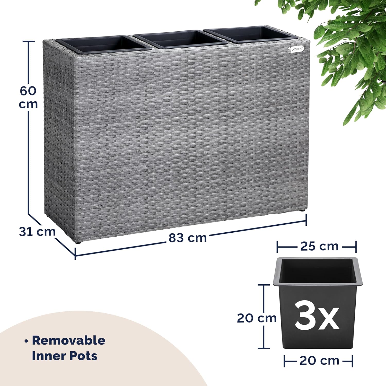 Large Tall Rattan Planter Box 83cm Grey with 3 Inner Pots